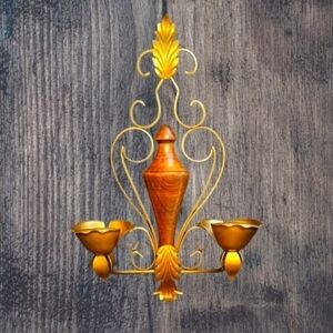 Vtg Hollywood Regency Brass Wood Candlestick Sconce Castlecore Wall Decor